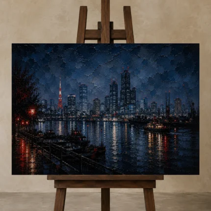 Tokyo Harbor Night Cinematic Cityscapes Canvas Print displayed on a studio easel
