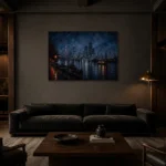 Tokyo Harbor Night Cinematic Cityscapes Canvas Print shown in a warm modern interior