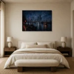 Tokyo Harbor Night Cinematic Cityscapes Canvas Print showcased in an elegant minimalist interior