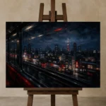 Tokyo Train Window Cinematic Cityscapes Canvas Print displayed on a studio easel