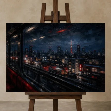 Tokyo Train Window Cinematic Cityscapes Canvas Print displayed on a studio easel