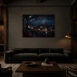 Tokyo Train Window Cinematic Cityscapes Canvas Print shown in a warm modern interior
