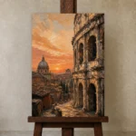 Golden Rome Italian Cityscape Wall Art Canvas Print displayed on a studio easel