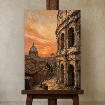 Golden Rome Italian Cityscape Wall Art Canvas Print shown in Studio Easel