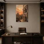 Golden Rome Italian Cityscape Wall Art Canvas Print displayed in a contemporary gallery-inspired room