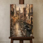 Venice Canal Italian Cityscape Wall Art Canvas Print displayed on a studio easel