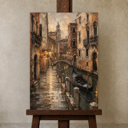 Venice Canal Italian Cityscape Wall Art Canvas Print shown in Studio Easel