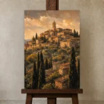 Tuscan Hilltop Italian Cityscape Wall Art Canvas Print displayed on a studio easel