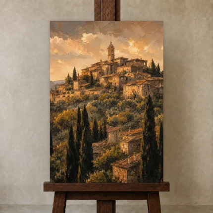 Tuscan Hilltop Italian Cityscape Wall Art Canvas Print shown in Studio Easel