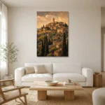 Tuscan Hilltop Italian Cityscape Wall Art Canvas Print styled in a refined neutral interior