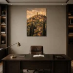 Tuscan Hilltop Italian Cityscape Wall Art Canvas Print displayed in a contemporary gallery-inspired room