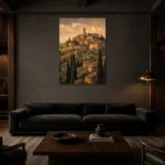Tuscan Hilltop Italian Cityscape Wall Art Canvas Print shown in a warm modern interior