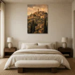 Tuscan Hilltop Italian Cityscape Wall Art Canvas Print showcased in an elegant minimalist interior
