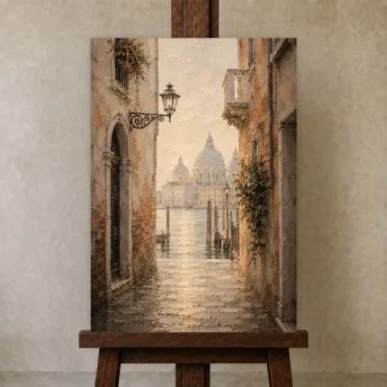 Venetian Passage Italian Cityscape Wall Art Canvas Print shown in Studio Easel