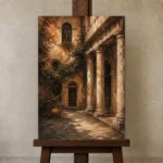 Italian Courtyard Italian Cityscape Wall Art Canvas Print displayed on a studio easel