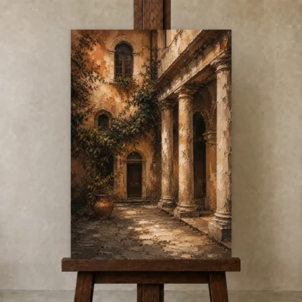 Italian Courtyard Italian Cityscape Wall Art Canvas Print shown in Studio Easel