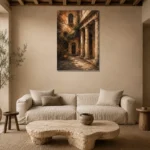 Italian Courtyard Italian Cityscape Wall Art Canvas Print presented in a sophisticated home setting