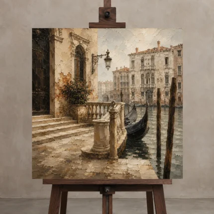 Venetian Palazzo Italian Cityscape Wall Art Canvas Print displayed on a studio easel