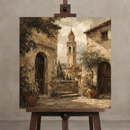 Tuscan Bell Tower Italian Cityscape Wall Art Canvas Print displayed on a studio easel