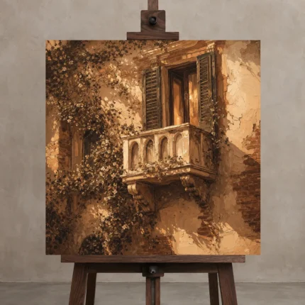 Tuscan Balcony Italian Cityscape Wall Art Canvas Print displayed on a studio easel