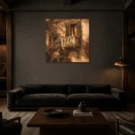 Tuscan Balcony Italian Cityscape Wall Art Canvas Print shown in a warm modern interior