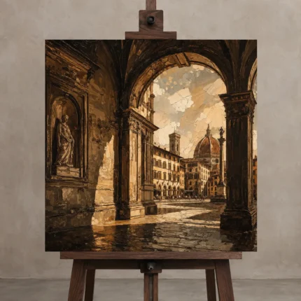 Florentine Arch Italian Cityscape Wall Art Canvas Print shown in Studio Easel