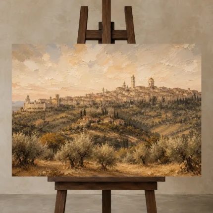 Tuscan Hill Town Italian Cityscape Wall Art Canvas Print displayed on a studio easel
