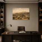 Tuscan Hill Town Italian Cityscape Wall Art Canvas Print displayed in a contemporary gallery-inspired room