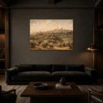 Tuscan Hill Town Italian Cityscape Wall Art Canvas Print shown in a warm modern interior