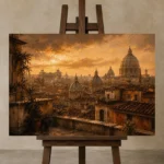 Golden Rome Skyline Italian Cityscape Wall Art Canvas Print displayed on a studio easel
