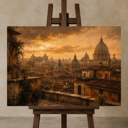 Golden Rome Skyline Italian Cityscape Wall Art Canvas Print shown in Studio Easel