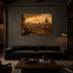 Golden Rome Skyline Italian Cityscape Wall Art Canvas Print shown in a warm modern interior
