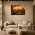 Golden Rome Skyline Italian Cityscape Wall Art Canvas Print presented in a sophisticated home setting