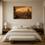 Golden Rome Skyline Italian Cityscape Wall Art Canvas Print showcased in an elegant minimalist interior