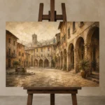 Tuscan Piazza Italian Cityscape Wall Art Canvas Print displayed on a studio easel