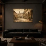 Tuscan Piazza Italian Cityscape Wall Art Canvas Print shown in a warm modern interior