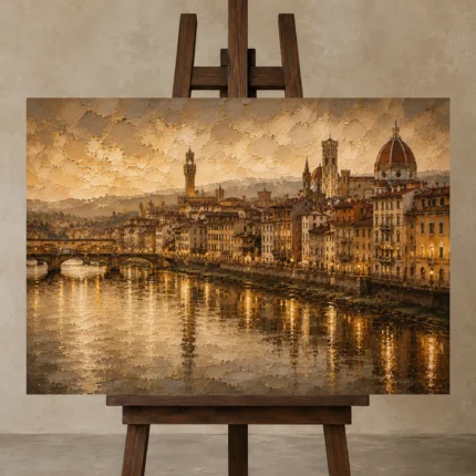 Florence Arno Italian Cityscape Wall Art Canvas Print shown in Studio Easel