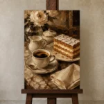 Mille Feuille Coffee & Dessert Wall Art Canvas Print displayed on a studio easel