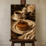 Caramel Cake Coffee & Dessert Wall Art Canvas Print displayed on a studio easel