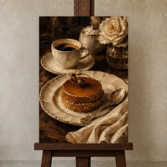 Caramel Cake Coffee & Dessert Wall Art Canvas Print displayed on a studio easel