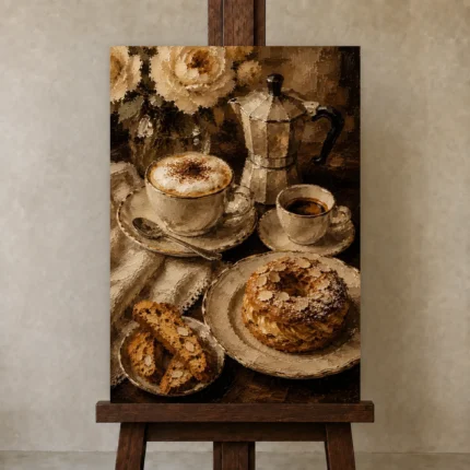 Cappuccino Pastry Coffee & Dessert Wall Art Canvas Print shown in Studio Easel