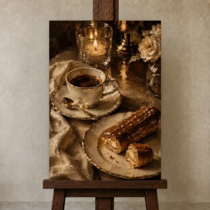 Chocolate Eclair Coffee & Dessert Wall Art Canvas Print shown in Studio Easel