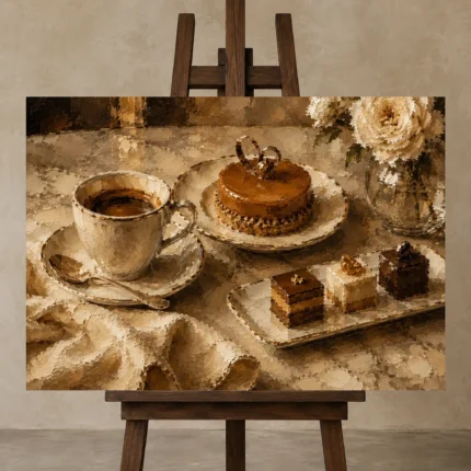 Petit Fours Coffee & Dessert Wall Art Canvas Print displayed on a studio easel