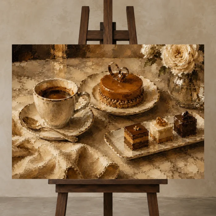 Petit Fours Coffee & Dessert Wall Art Canvas Print displayed on a studio easel