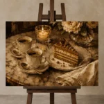 Layer Cake Coffee & Dessert Wall Art Canvas Print displayed on a studio easel