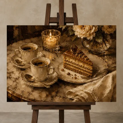 Layer Cake Coffee & Dessert Wall Art Canvas Print displayed on a studio easel