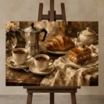 Croissant Espresso Coffee & Dessert Wall Art Canvas Print displayed on a studio easel
