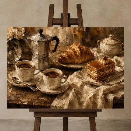 Croissant Espresso Coffee & Dessert Wall Art Canvas Print shown in Studio Easel
