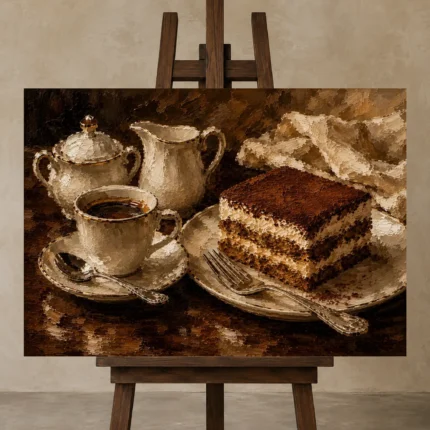 Tiramisu Coffee & Dessert Wall Art Canvas Print displayed on a studio easel
