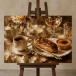 Eclair and Creme Brulee Coffee & Dessert Wall Art Canvas Print displayed on a studio easel
